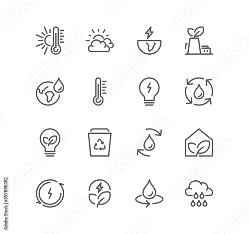 Set of eco related icons, global warming, recycling, sustainability, energy saving, climate change, air pollution and linear variety vectors.
