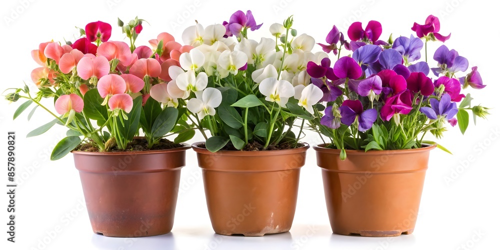 Three Pots Of Colorful Sweet Pea Flowers Isolated On White Background Three Pots Of Colorful Sweet Pea Flowers Isolated On White Background