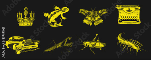 Futuristic retro halftone object set, surrealism contemporary vector sticker design