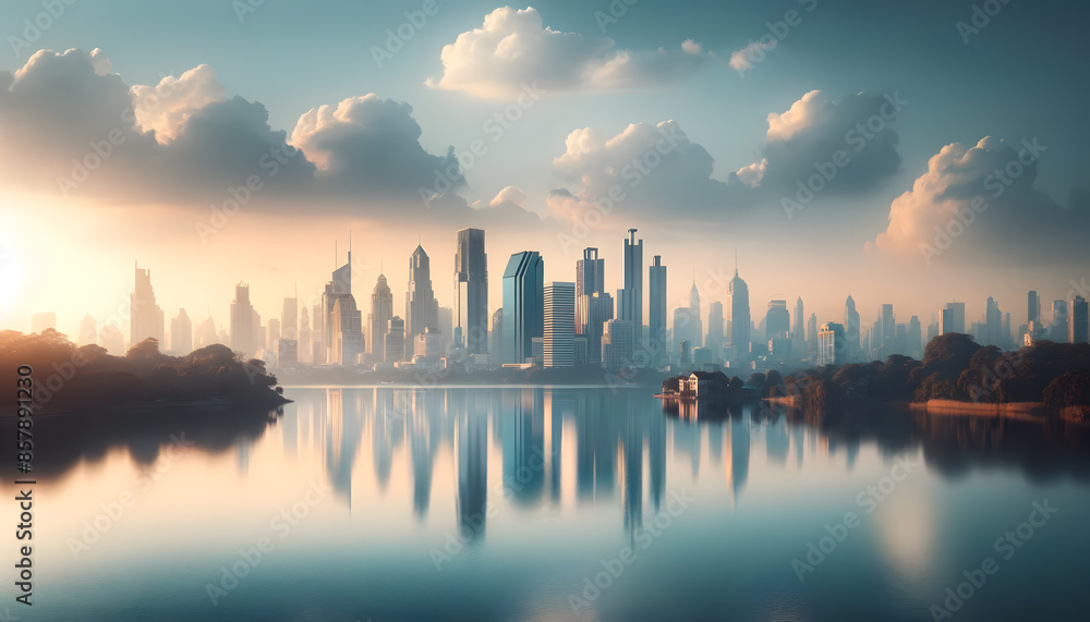 Fototapeta premium Modern Cityscape Mirrored in Tranquil Lake at Dawn