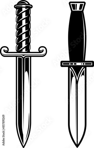 Illustration of battle knife in monochrome style. Design element for logo, sign, emblem. Vector illustration