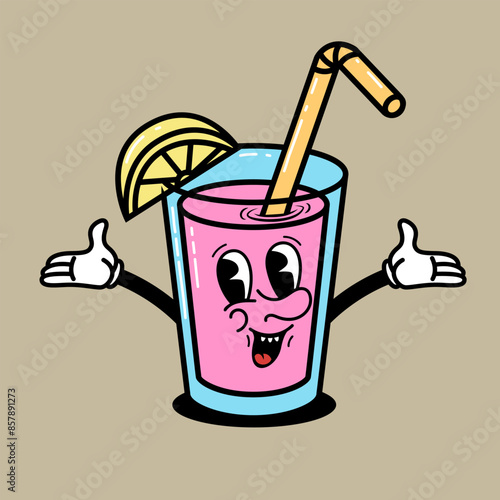 Cartoon character. Retro character of cocktail glass. Rubber hose cartoon mascot. Design element for emblem, sign, poster, menu, card. Vector illustration