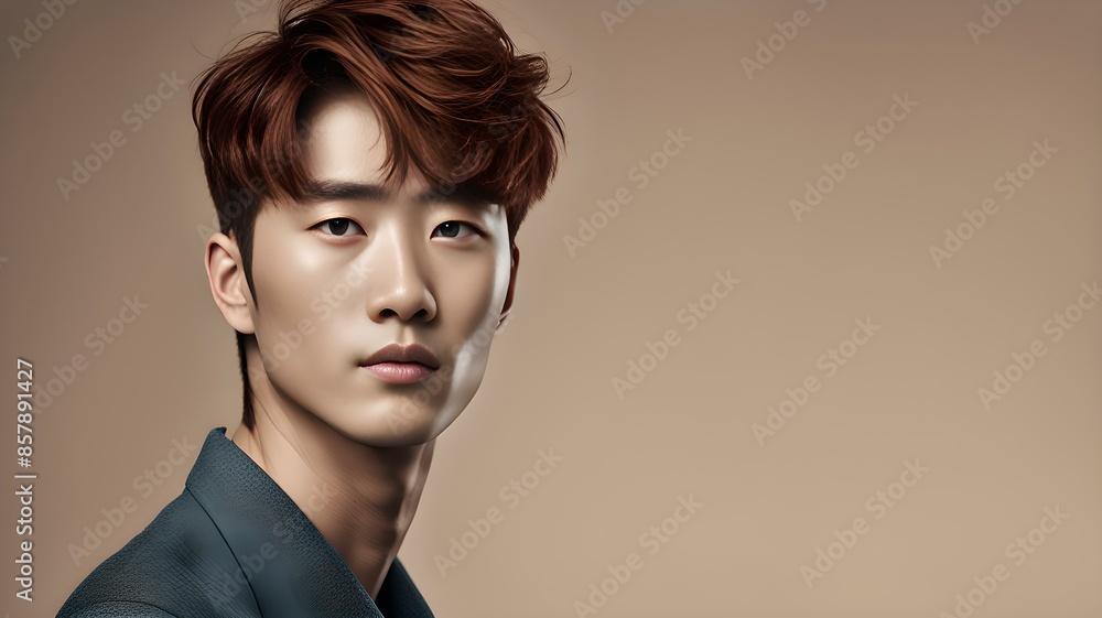 a young asian man with red hair and blue eyes a young asian man with red hair and blue eyes