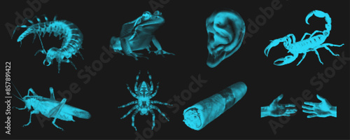 Futuristic retro halftone object set, surrealism contemporary vector sticker design