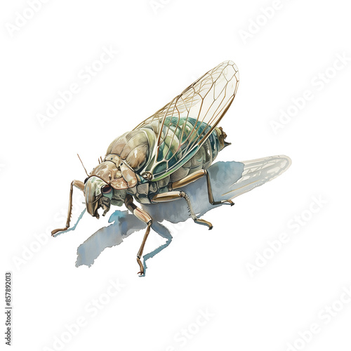 Watercolor illustration of cicada on white background