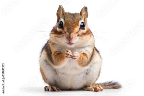 A Cute And Adorable Chipmunk Sits Up And Looks At The Camera With Its Paws Together.