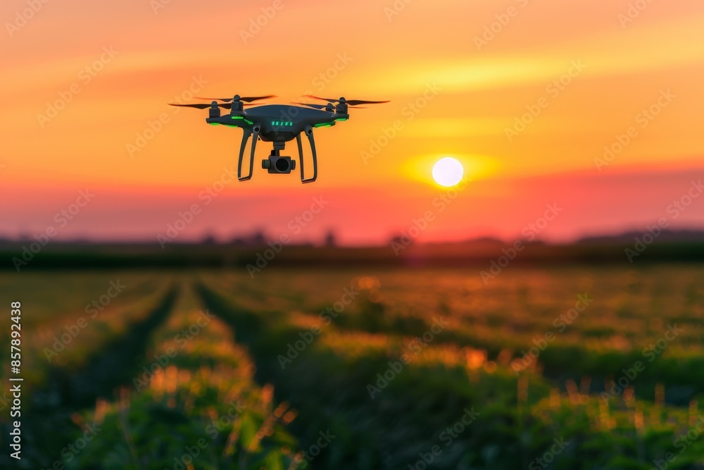 advanced drone hovers over a vibrant green field at sunset, emphasizing the integration of technology in modern farming. advanced drone hovers over a vibrant green field at sunset, emphasizing the integration of technology in modern farming.