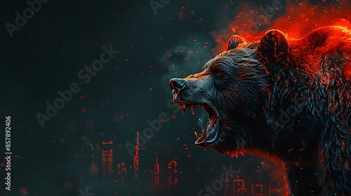 A digital illustration of an intimidating bear roaring, representing a bearish market trend with glowing, downward-pointing stock charts in the background.