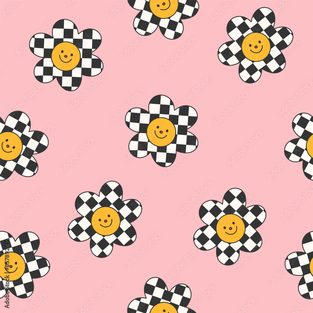 Seamless vector pattern with checkered happy flower. Cute daisy with smiling face in y2k style on pink background. Positive groovy texture for wallpaper, wrapping paper, textile Seamless vector pattern with checkered happy flower. Cute daisy with smiling face in y2k style on pink background. Positive groovy texture for wallpaper, wrapping paper, textile