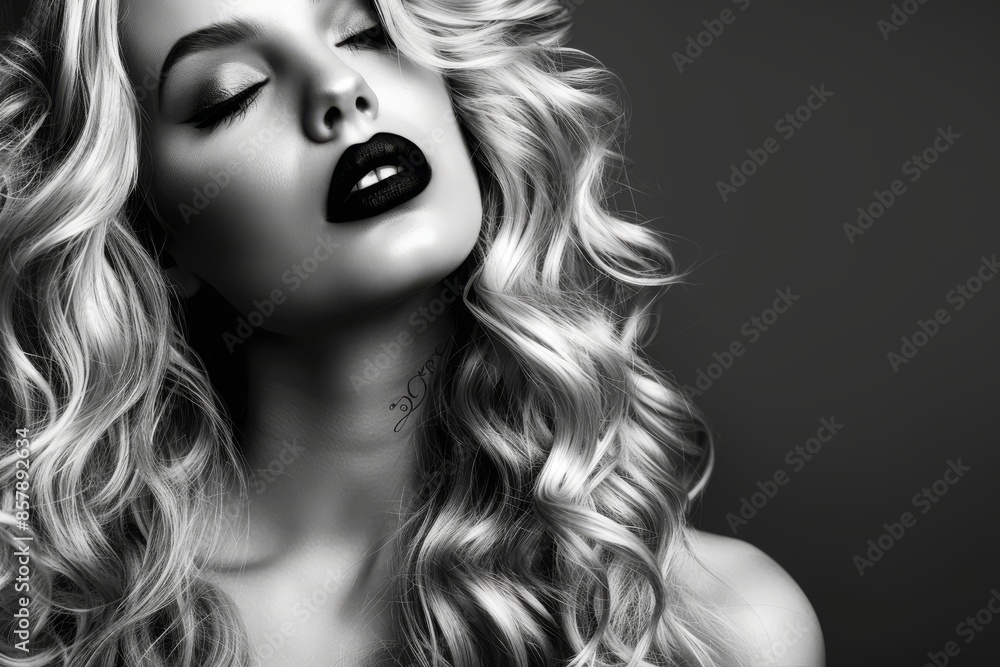 Fototapeta premium Blonde woman with long curly hair and perfect makeup. Black and white photograph. Salon Haircare or Skincare. Perfect hair and Smooth Skin
