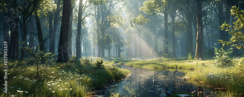 A tranquil forest scene with sunlight filtering through the trees. © Svitlana