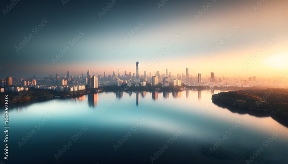Expansive Urban Landscape with Lake Reflection at Sunset Expansive Urban Landscape with Lake Reflection at Sunset