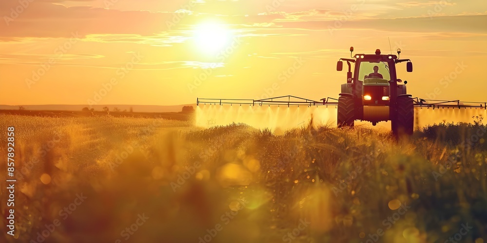 Fototapeta premium A tractor spraying pesticides in a green field at sunset. Concept Agriculture, Farming, Sunset, Pesticides, Field