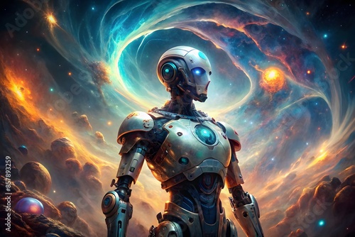Futuristic Robot Standing On An Alien Planet With A Beautiful Nebula In The Background. photo