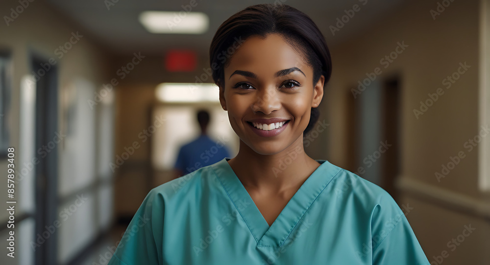Closeup portrait of a Healthcare Worker in Scrubs Standing in Hospital's Hallway or corridor, Smiling
Closeup portrait of a Healthcare Worker in Scrubs Standing in Hospital's Hallway or corridor, Smiling
