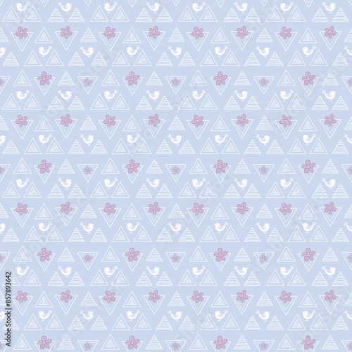 seamless geometric pattern with flowers and birds, original elements , vlue and pink colors, triangle elements
file JPEG 12