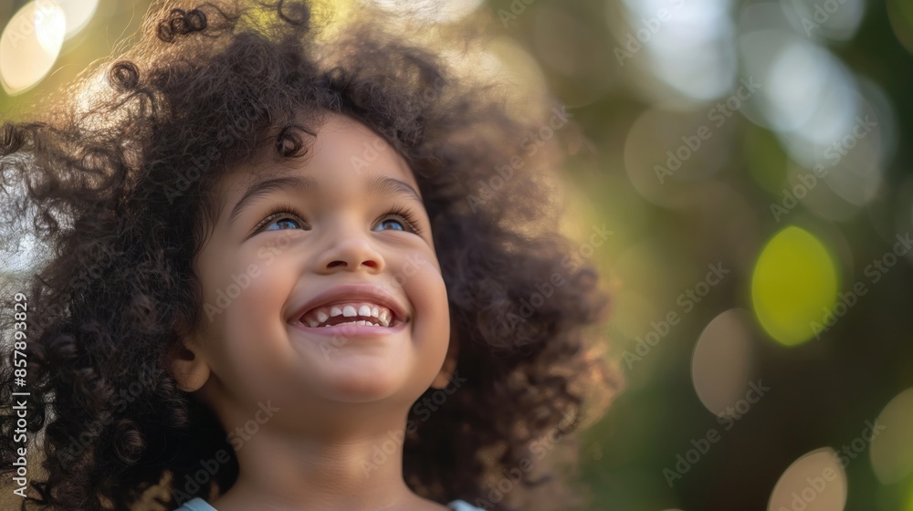 Joyful child with curly hair beaming in the sunlight, capturing the essence of childhood happiness and innocence outdoors. Joyful child with curly hair beaming in the sunlight, capturing the essence of childhood happiness and innocence outdoors.