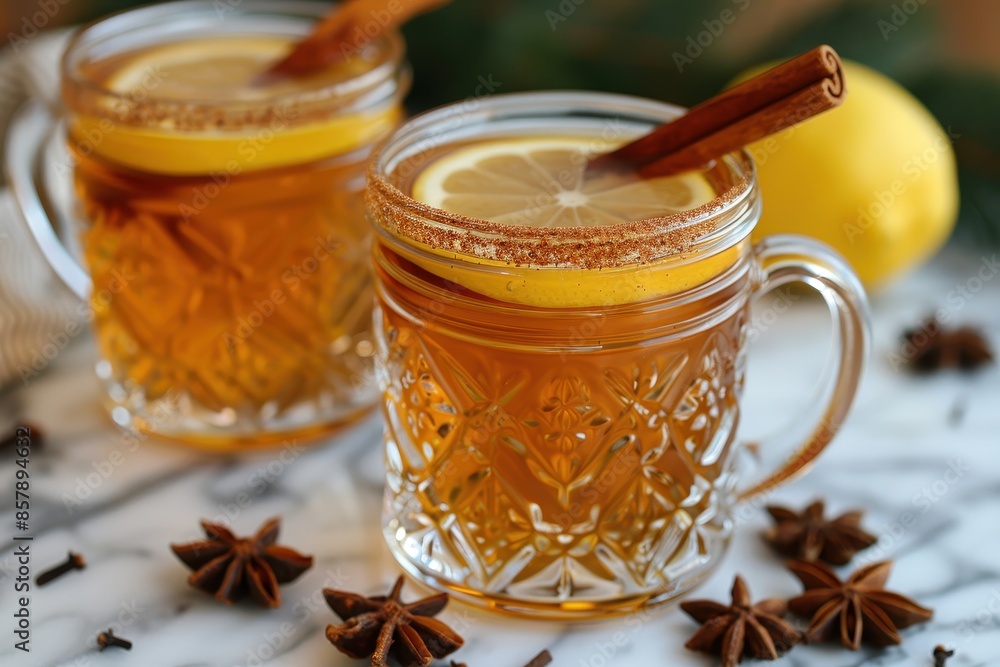 A hot toddy cocktail in a clear glass mug, with whiskey, honey, lemon, and a cinnamon stick. A hot toddy cocktail in a clear glass mug, with whiskey, honey, lemon, and a cinnamon stick.
