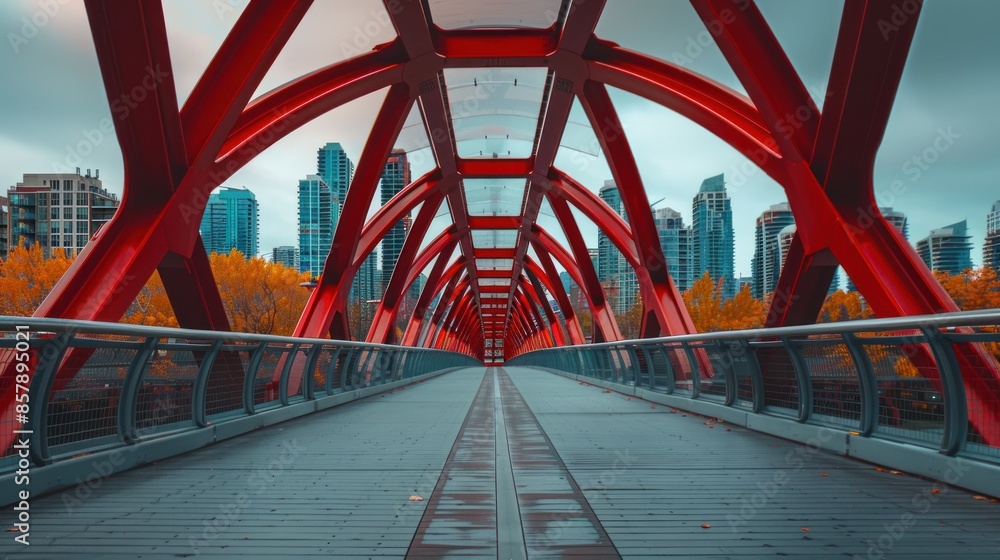 The symmetrical red beams of a modern bridge lead towards a distant urban horizon The symmetrical red beams of a modern bridge lead towards a distant urban horizon