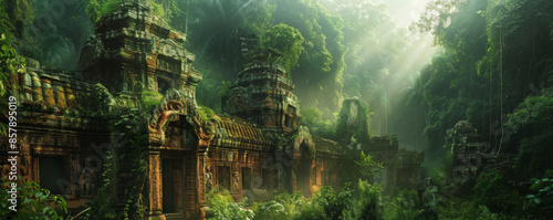 Ancient temples lie concealed within the jungle, their crumbling facades a testament to the passage of time and the fleeting nature of mortal endeavors. photo