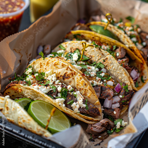 a close-up of tex-mex street food featuring tacos al carbon with grilled meat, fresh onions, cilantro, and lime