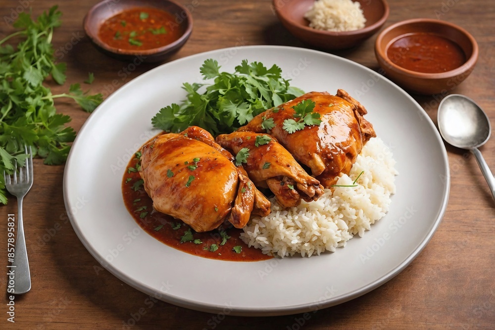 African Cuisine Poulet Moambe: An overhead shot of a minimalist Poulet Moambe presentation. African Cuisine Poulet Moambe: An overhead shot of a minimalist Poulet Moambe presentation.