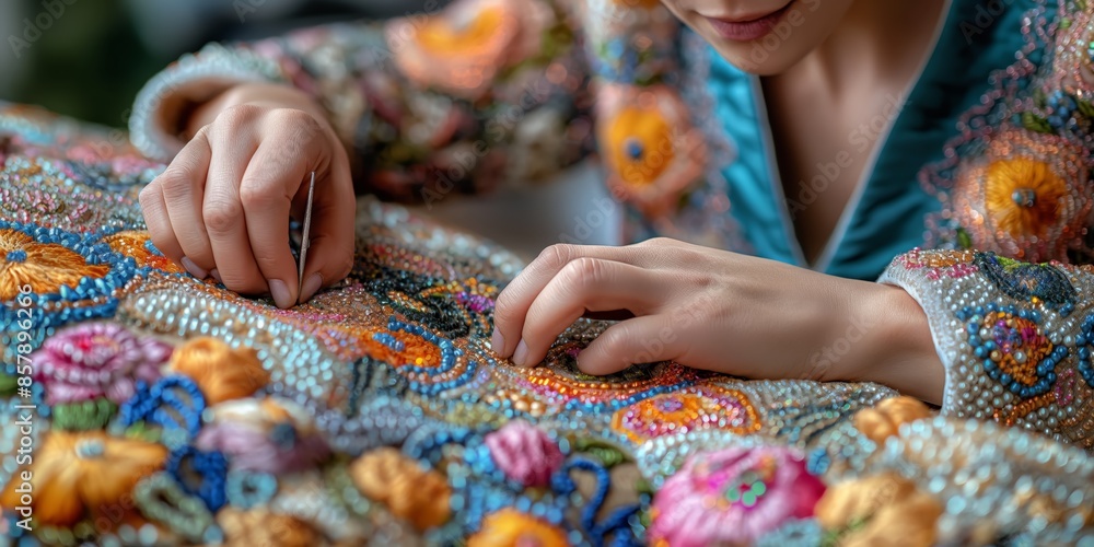 close up seamstress hands sewing on beadwork pattern, elegance handcraft artisanal work close up seamstress hands sewing on beadwork pattern, elegance handcraft artisanal work