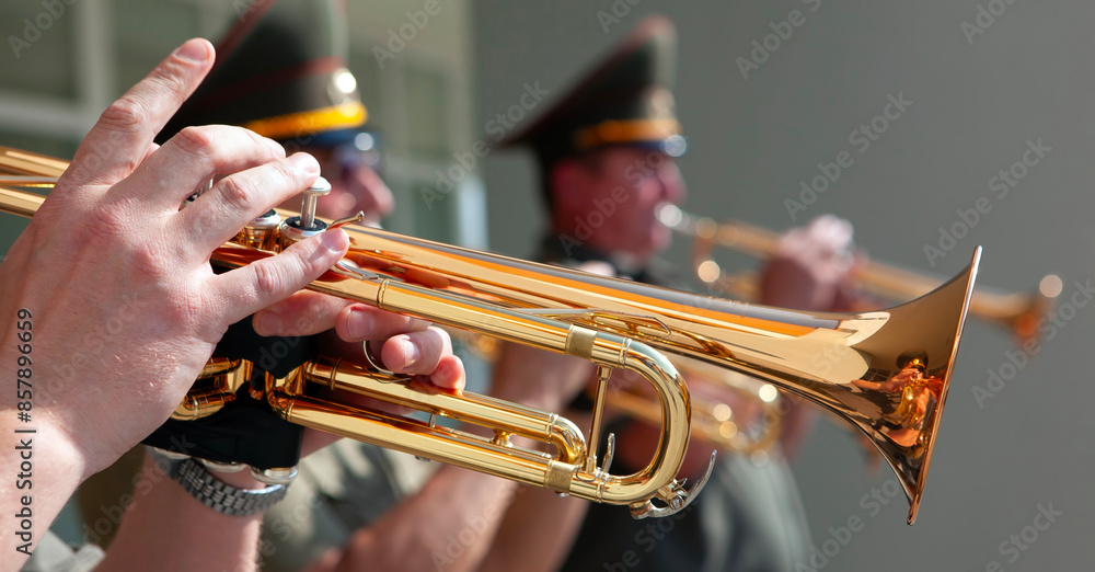 Fototapeta premium A Brass Bands Golden Melody: A Close-Up of a Trumpeter Playing in the Midst of a Sunny Day Parade