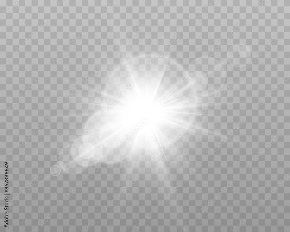 White sunlight lens flare, sun flash with rays and spotlight. Silver glowing burst explosion on a transparent background. Vector illustration. White sunlight lens flare, sun flash with rays and spotlight. Silver glowing burst explosion on a transparent background. Vector illustration.
