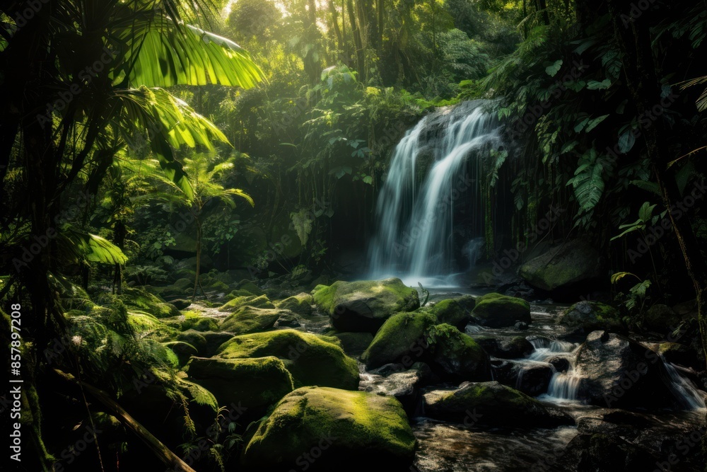 Fototapeta premium Lush tropical rainforest with cascading waterfall and sunlight