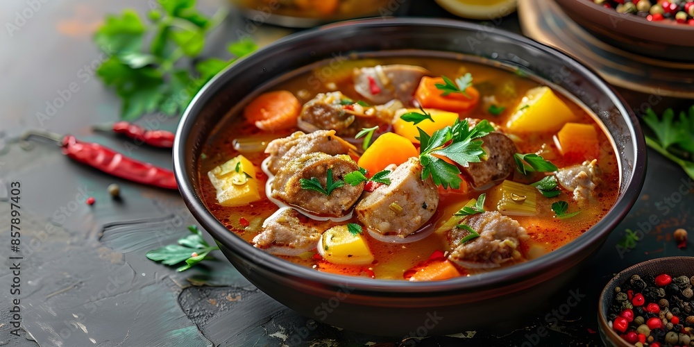 Pork sausage vegetable soup in a light broth with parsley garnish. Concept Italian sausage and pepper soup, Homemade hearty minestrone soup, Fresh tomato basil soup Pork sausage vegetable soup in a light broth with parsley garnish. Concept Italian sausage and pepper soup, Homemade hearty minestrone soup, Fresh tomato basil soup