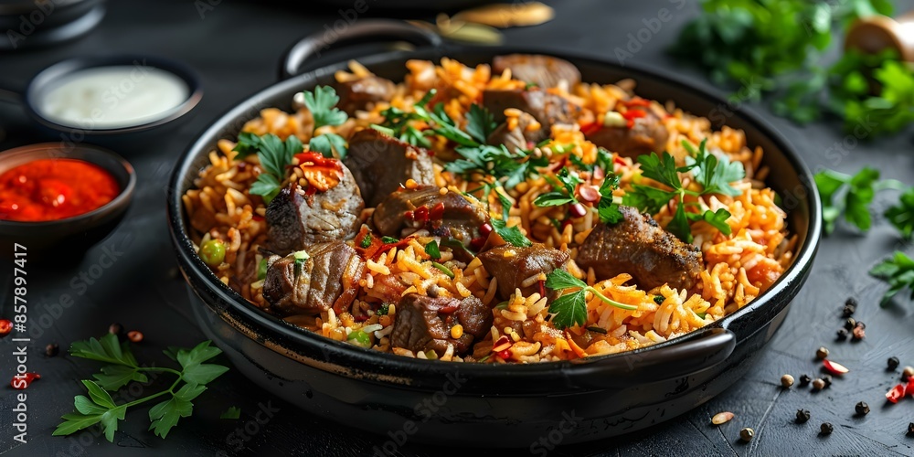 Delicious Beef Biryani A Flavorful South Asian Rice and Meat Dish. Concept South Asian Cuisine, Rice Recipes, Meat Dishes, Flavorful Cooking, Biryani Recipe Delicious Beef Biryani A Flavorful South Asian Rice and Meat Dish. Concept South Asian Cuisine, Rice Recipes, Meat Dishes, Flavorful Cooking, Biryani Recipe