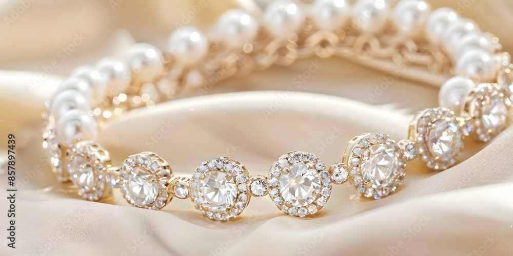 Exquisite Bracelet Adorned with Diamonds, Pearls, and Precious Stones Top View. Concept Luxury Jewelry, Diamond Bracelet, Top View, Precious Stones, Pearls Exquisite Bracelet Adorned with Diamonds, Pearls, and Precious Stones Top View. Concept Luxury Jewelry, Diamond Bracelet, Top View, Precious Stones, Pearls