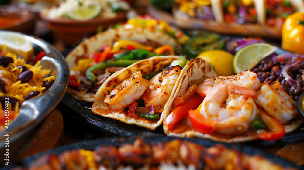 a vibrant tex-mex seafood platter featuring shrimp fajitas with sizzling peppers, onions, and beans served with rice and lime a vibrant tex-mex seafood platter featuring shrimp fajitas with sizzling peppers, onions, and beans served with rice and lime