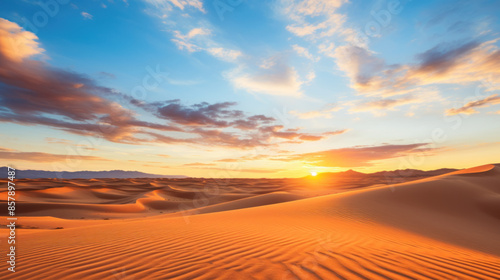 Sunset glow on undulating desert dunes photo
