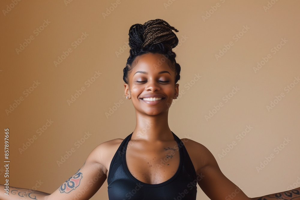 Beautiful black woman, with braids and yoga clothes, doing gonggio pose for meditation while smiling at the camera Beautiful black woman, with braids and yoga clothes, doing gonggio pose for meditation while smiling at the camera