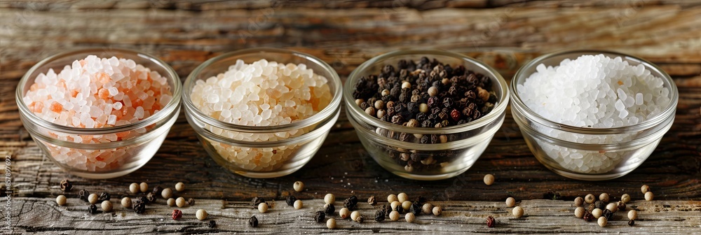 An assortment of salt and pepper in glass bowls on a rustic wooden surface. The bowls contain sea salt, pink Himalayan salt, black peppercorns, and white pepper. Generative AI An assortment of salt and pepper in glass bowls on a rustic wooden surface. The bowls contain sea salt, pink Himalayan salt, black peppercorns, and white pepper. Generative AI
