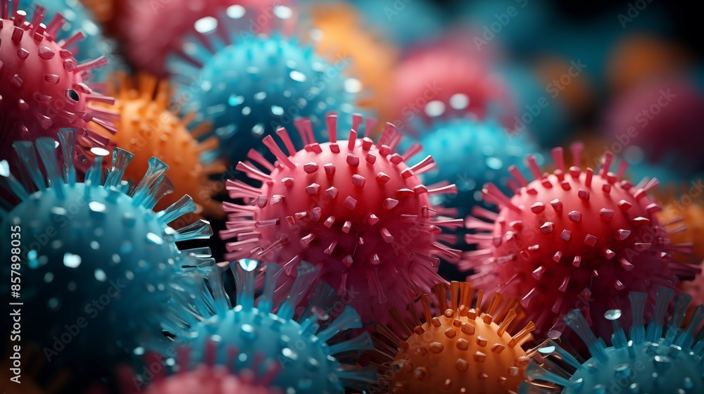 Detailed 3D representation of virus particles in various colors Detailed 3D representation of virus particles in various colors