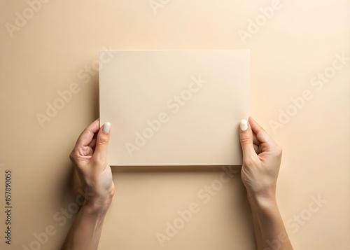 Female Hands Holding Blank Beige Paper Sheet Over Beige Background.