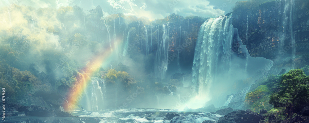 A majestic waterfall plunging into a misty gorge, with rainbows forming in the spray. A majestic waterfall plunging into a misty gorge, with rainbows forming in the spray.