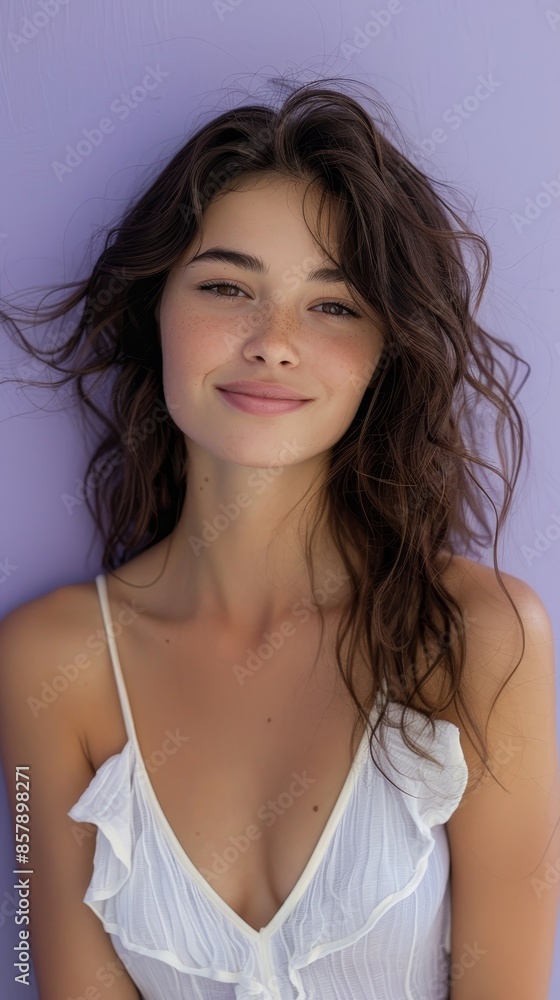 Serene Beauty - Half Body Portrait of a Beautiful Woman with a Relaxed Smile on Lavender Background bathed in Natural Light Serene Beauty - Half Body Portrait of a Beautiful Woman with a Relaxed Smile on Lavender Background bathed in Natural Light