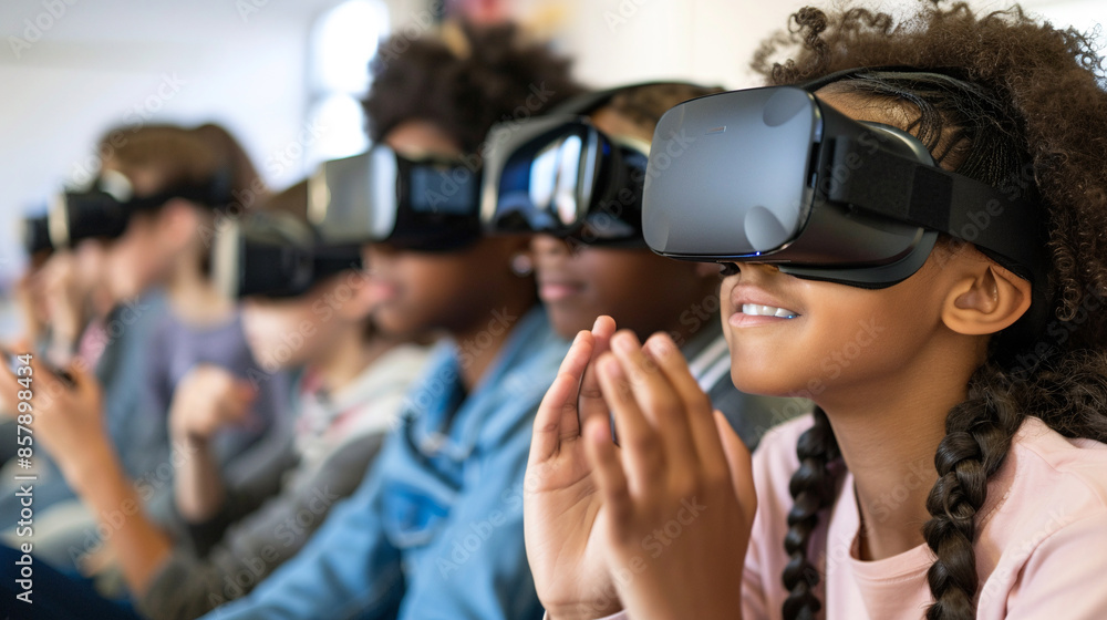 Technology at school. Group of schoolchildren watch content using VR headset. Technology at school. Group of schoolchildren watch content using VR headset.