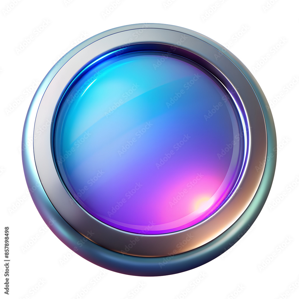 Digital glossy round icon with a gradient blue and pink glow, encased in a metallic frame, perfect for apps or web design. Digital glossy round icon with a gradient blue and pink glow, encased in a metallic frame, perfect for apps or web design.