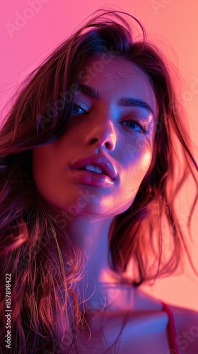 Intense Half Body Portrait of Beautiful Woman on Magenta Background with Natural Light