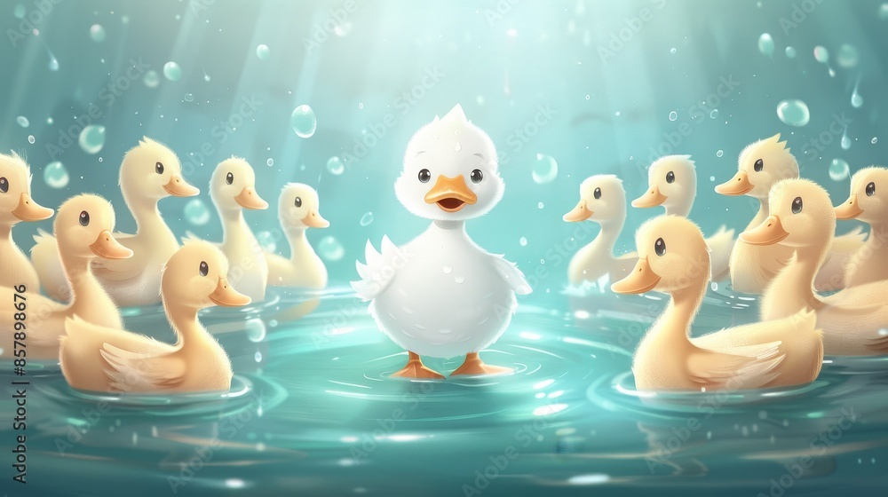 Cute baby white duck surrounded by other yellow ducklings swimming in water with sunlight and water droplets Cute baby white duck surrounded by other yellow ducklings swimming in water with sunlight and water droplets