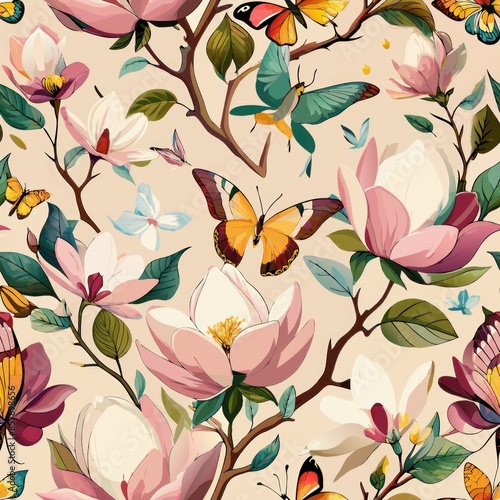 Seamless pattern of magnolia blossoms paired with delicate butterflies and hummingbirds, adding a whimsical, Generative AI