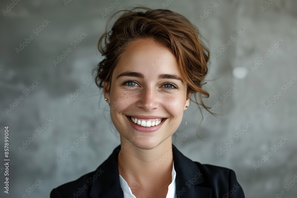 portrait of a young and beautiful smiling business woman woman wearing a suit in a modern office portrait of a young and beautiful smiling business woman woman wearing a suit in a modern office