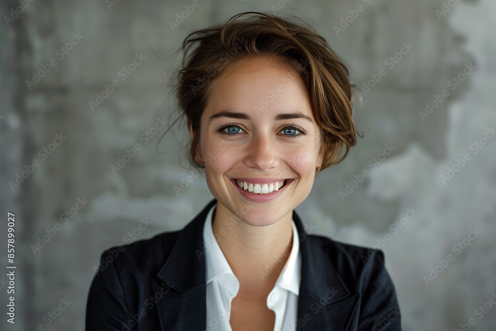 portrait of a young and beautiful smiling business woman woman wearing a suit in a modern office portrait of a young and beautiful smiling business woman woman wearing a suit in a modern office