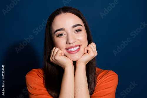 Photo of lovely nice cute pretty woman wear orange stylish clothes isolated on dark blue color background