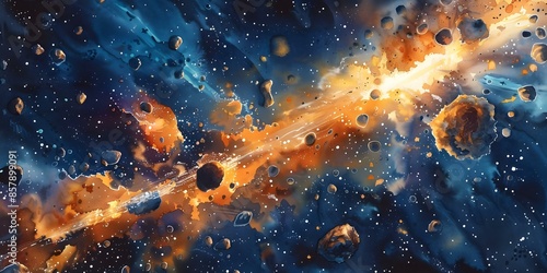 Celestial Watercolor Art Featuring Quasars, Asteroids, and Solar Wind. Concept Watercolor Painting, Celestial Art, Quasars, Asteroids, Solar Wind, photo